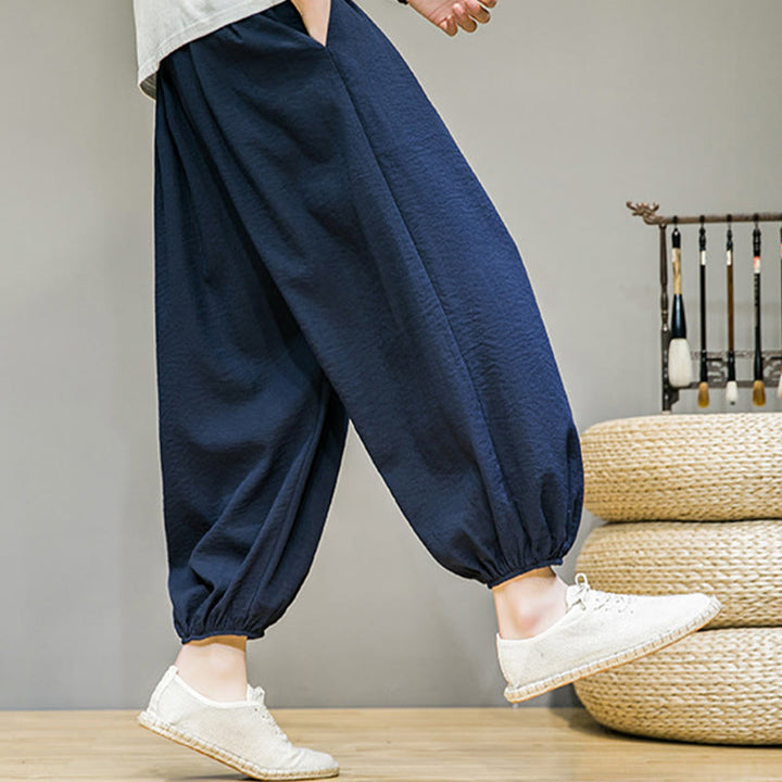 Buddha Stonesサマープレーンドローストリングメンズアンクル丈コットンハーレムパンツ（ポケット付き） - image 3