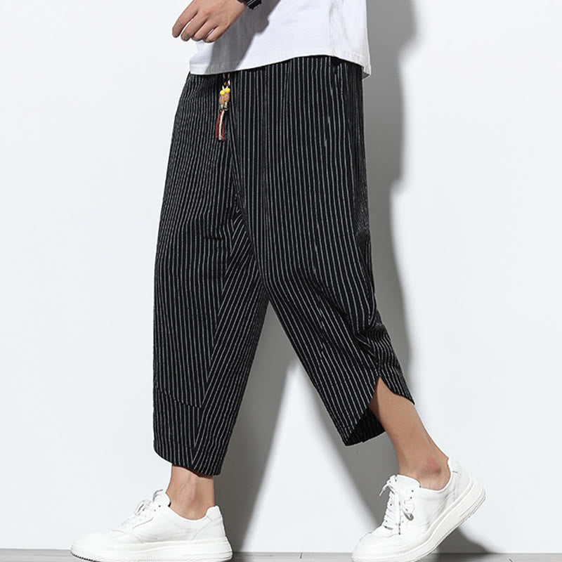 Buddha Stonesサマーストライプ柄 ドローストリング コットンリネン メンズ 7-8丈 ハーレムパンツ ポケット付き - image 12