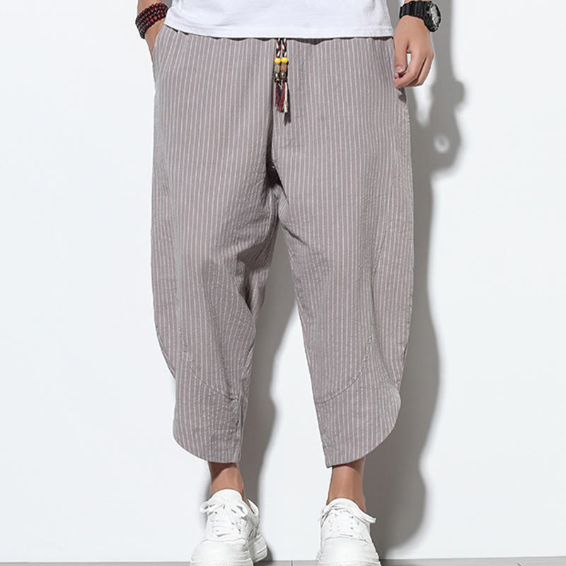 Buddha Stonesサマーストライプ柄 ドローストリング コットンリネン メンズ 7-8丈 ハーレムパンツ ポケット付き - image 24