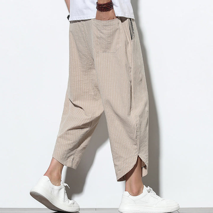 Buddha Stonesサマーストライプ柄 ドローストリング コットンリネン メンズ 7-8丈 ハーレムパンツ ポケット付き - image 4
