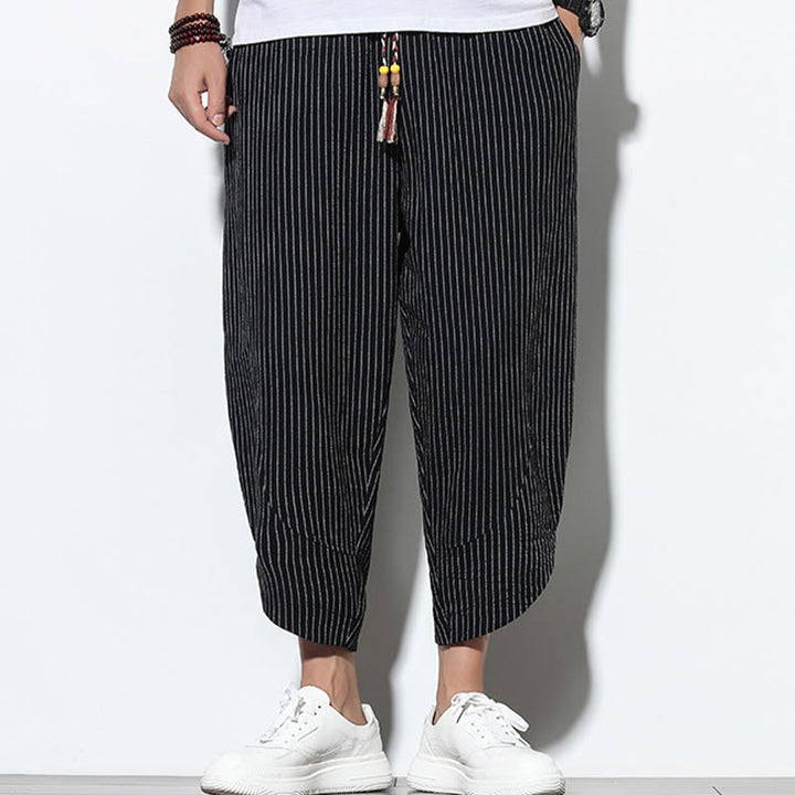 Buddha Stonesサマーストライプ柄 ドローストリング コットンリネン メンズ 7-8丈 ハーレムパンツ ポケット付き - image 17
