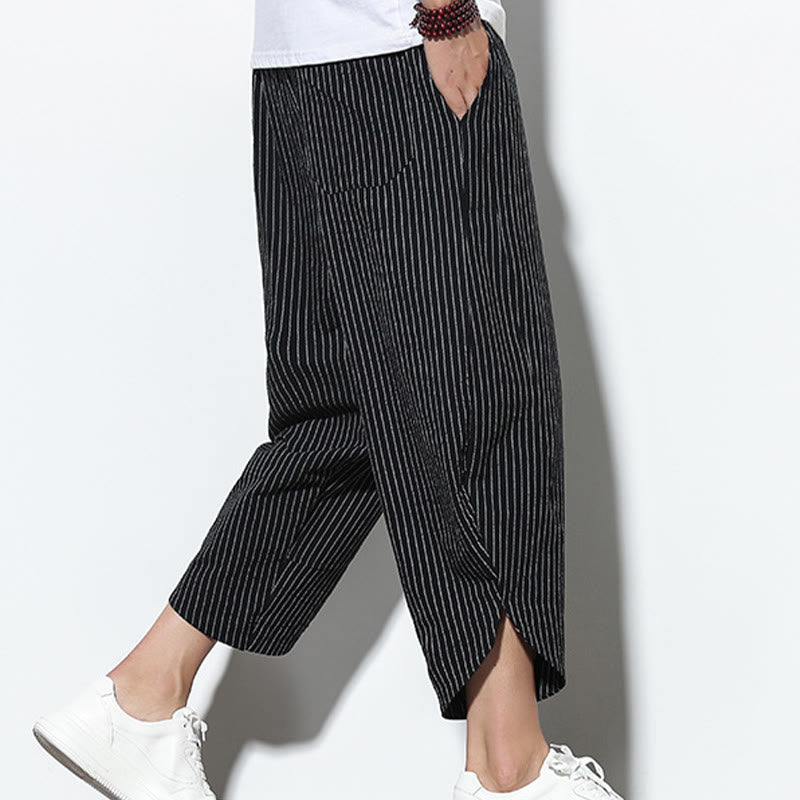 Buddha Stonesサマーストライプ柄 ドローストリング コットンリネン メンズ 7-8丈 ハーレムパンツ ポケット付き - image 15