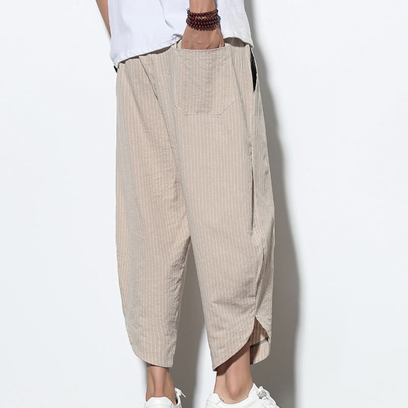 Buddha Stonesサマーストライプ柄 ドローストリング コットンリネン メンズ 7-8丈 ハーレムパンツ ポケット付き - image 8