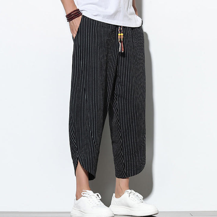 Buddha Stonesサマーストライプ柄 ドローストリング コットンリネン メンズ 7-8丈 ハーレムパンツ ポケット付き - image 10