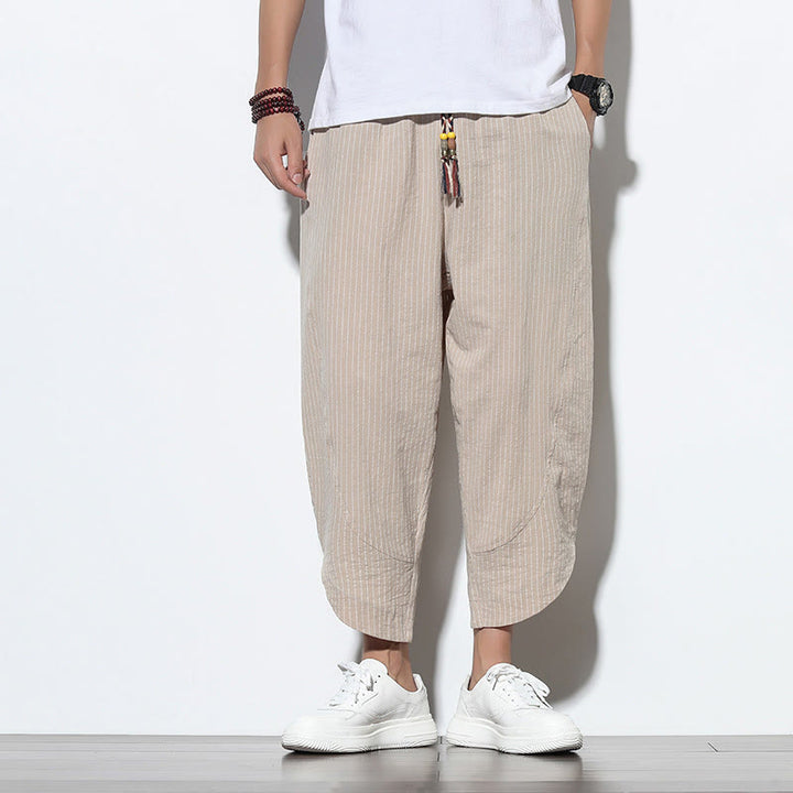 Buddha Stonesサマーストライプ柄 ドローストリング コットンリネン メンズ 7-8丈 ハーレムパンツ ポケット付き - image 7