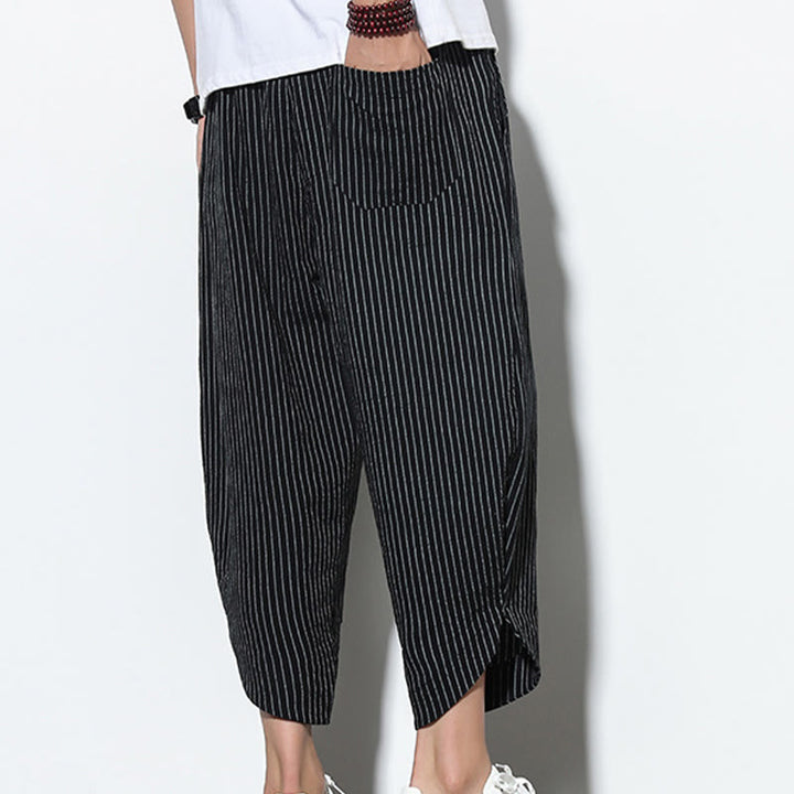Buddha Stonesサマーストライプ柄 ドローストリング コットンリネン メンズ 7-8丈 ハーレムパンツ ポケット付き - image 14