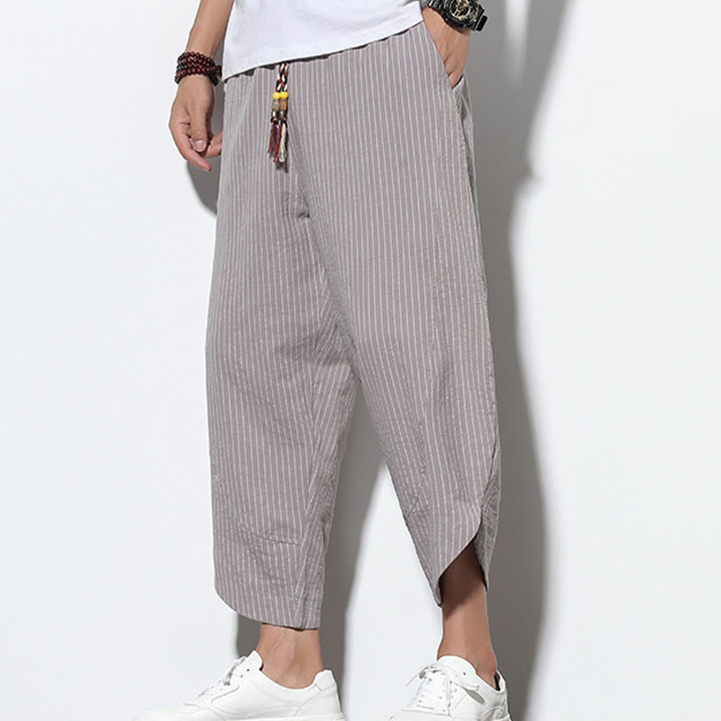 Buddha Stonesサマーストライプ柄 ドローストリング コットンリネン メンズ 7-8丈 ハーレムパンツ ポケット付き - image 23