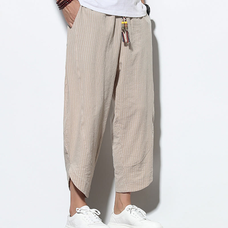Buddha Stonesサマーストライプ柄 ドローストリング コットンリネン メンズ 7-8丈 ハーレムパンツ ポケット付き - image 5