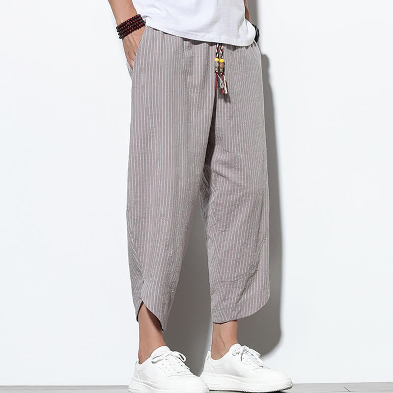Buddha Stonesサマーストライプ柄 ドローストリング コットンリネン メンズ 7-8丈 ハーレムパンツ ポケット付き - image 26