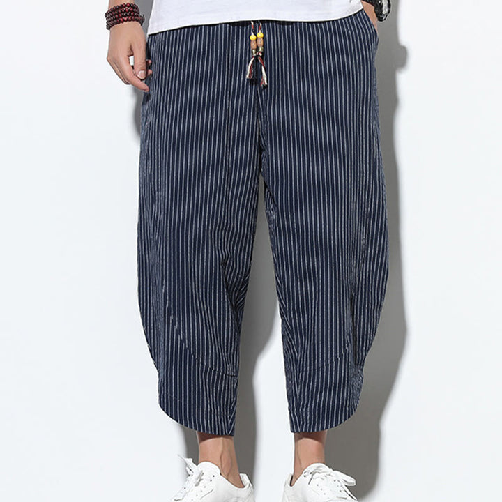 Buddha Stonesサマーストライプ柄 ドローストリング コットンリネン メンズ 7-8丈 ハーレムパンツ ポケット付き - image 39
