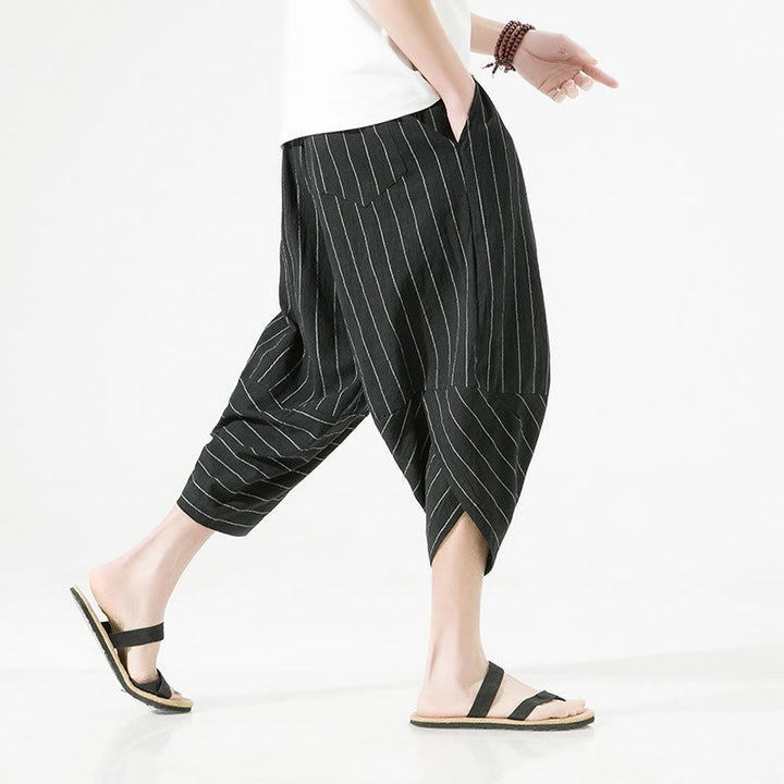 Buddha Stonesカジュアル 無地 ストライプ柄 ドローストリング メンズ 7-8丈 コットンリネン ハーレムパンツ ポケット付き - image 3