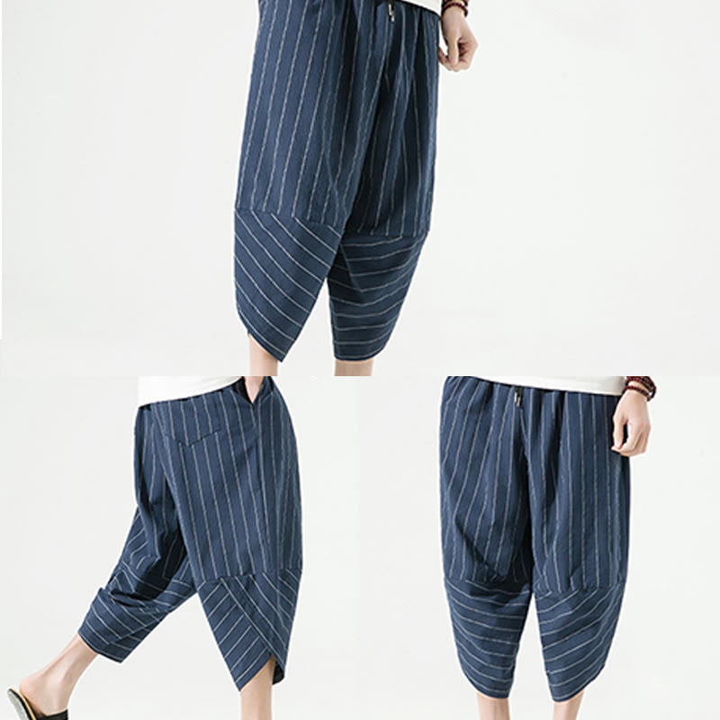 Buddha Stonesカジュアル 無地 ストライプ柄 ドローストリング メンズ 7-8丈 コットンリネン ハーレムパンツ ポケット付き - image 26