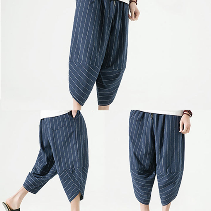 Buddha Stonesカジュアル 無地 ストライプ柄 ドローストリング メンズ 7-8丈 コットンリネン ハーレムパンツ ポケット付き - image 26