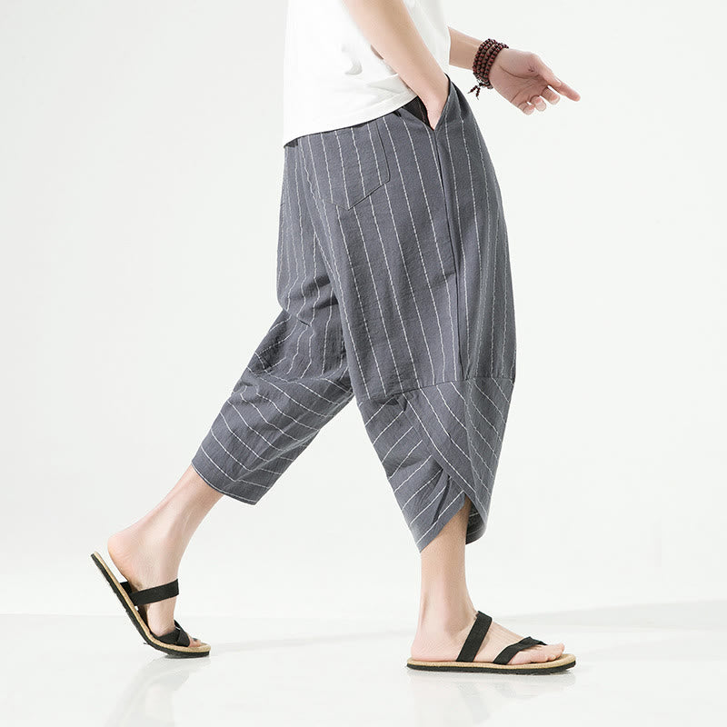 Buddha Stonesカジュアル 無地 ストライプ柄 ドローストリング メンズ 7-8丈 コットンリネン ハーレムパンツ ポケット付き - image 11