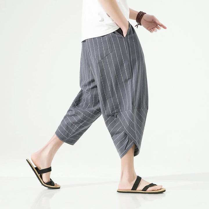 Buddha Stonesカジュアル 無地 ストライプ柄 ドローストリング メンズ 7-8丈 コットンリネン ハーレムパンツ ポケット付き - image 11