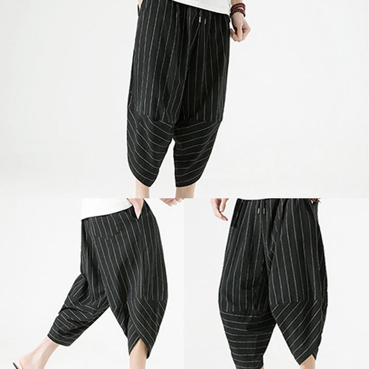 Buddha Stonesカジュアル 無地 ストライプ柄 ドローストリング メンズ 7-8丈 コットンリネン ハーレムパンツ ポケット付き - image 6