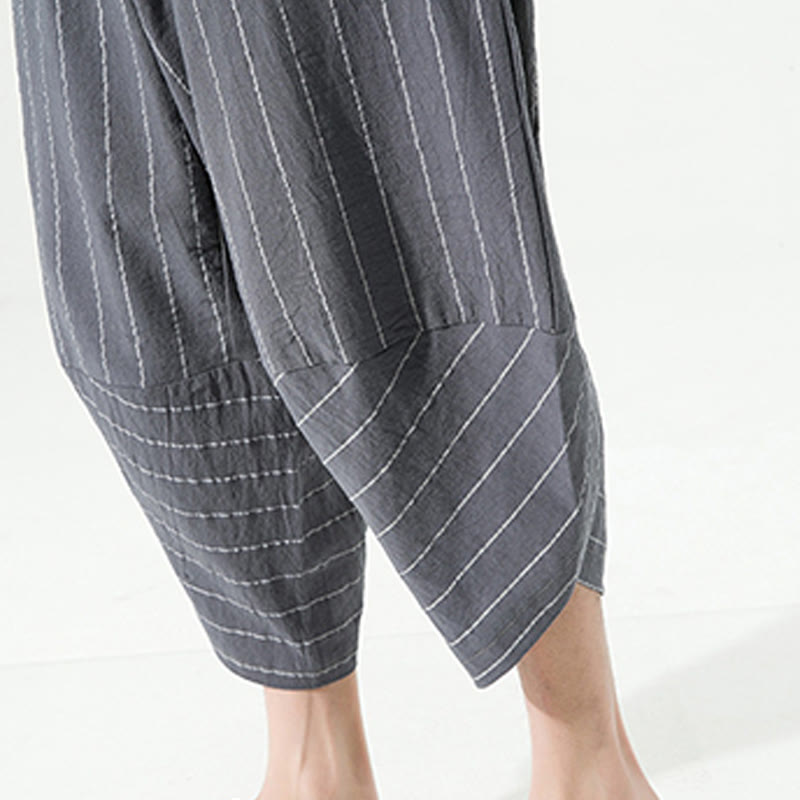 Buddha Stonesカジュアル 無地 ストライプ柄 ドローストリング メンズ 7-8丈 コットンリネン ハーレムパンツ ポケット付き - image 17