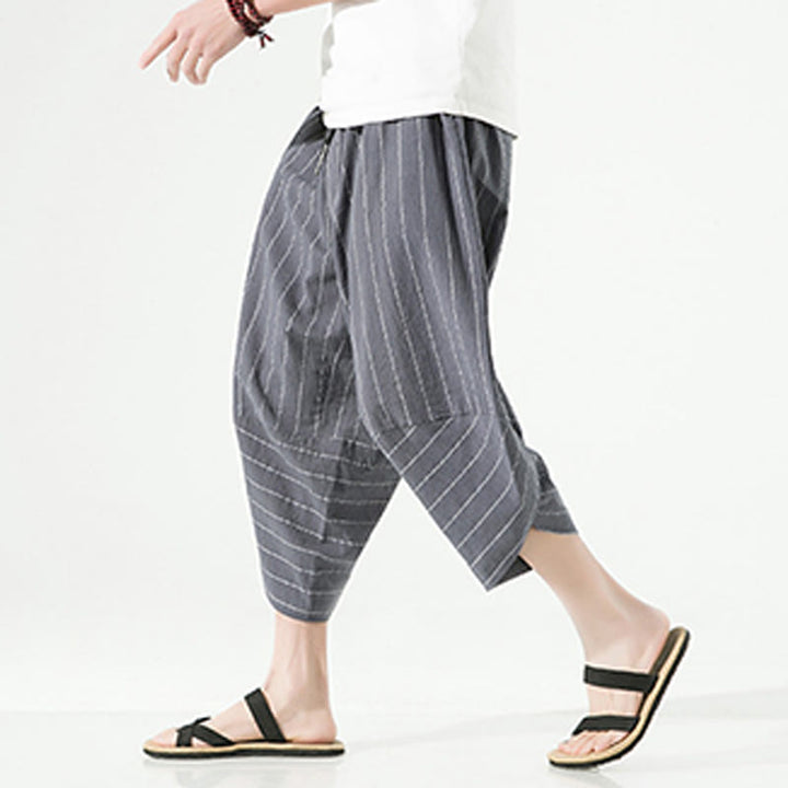 Buddha Stonesカジュアル 無地 ストライプ柄 ドローストリング メンズ 7-8丈 コットンリネン ハーレムパンツ ポケット付き - image 9