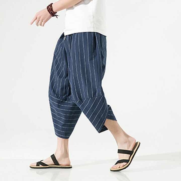 Buddha Stonesカジュアル 無地 ストライプ柄 ドローストリング メンズ 7-8丈 コットンリネン ハーレムパンツ ポケット付き - image 21