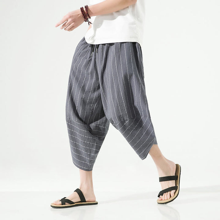 Buddha Stonesカジュアル 無地 ストライプ柄 ドローストリング メンズ 7-8丈 コットンリネン ハーレムパンツ ポケット付き - ライトスレートグレー - US/UK/AU46、 EU56 (5XL) - image 7