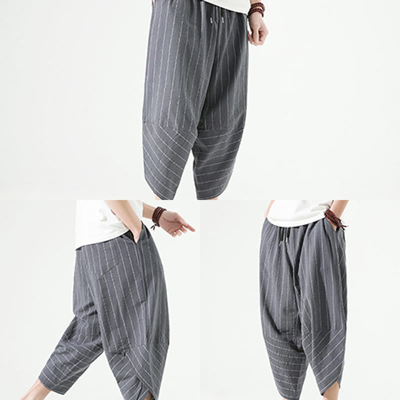 Buddha Stonesカジュアル 無地 ストライプ柄 ドローストリング メンズ 7-8丈 コットンリネン ハーレムパンツ ポケット付き - image 18