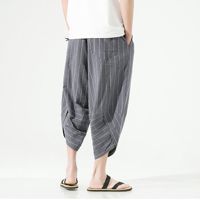 Buddha Stonesカジュアル 無地 ストライプ柄 ドローストリング メンズ 7-8丈 コットンリネン ハーレムパンツ ポケット付き - image 12