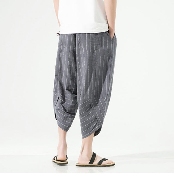 Buddha Stonesカジュアル 無地 ストライプ柄 ドローストリング メンズ 7-8丈 コットンリネン ハーレムパンツ ポケット付き - image 12