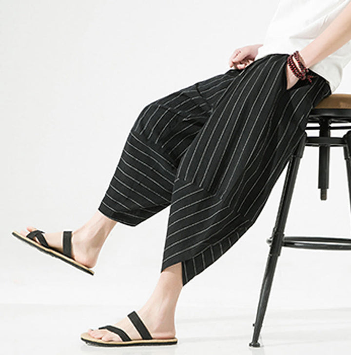 Buddha Stonesカジュアル 無地 ストライプ柄 ドローストリング メンズ 7-8丈 コットンリネン ハーレムパンツ ポケット付き - image 5