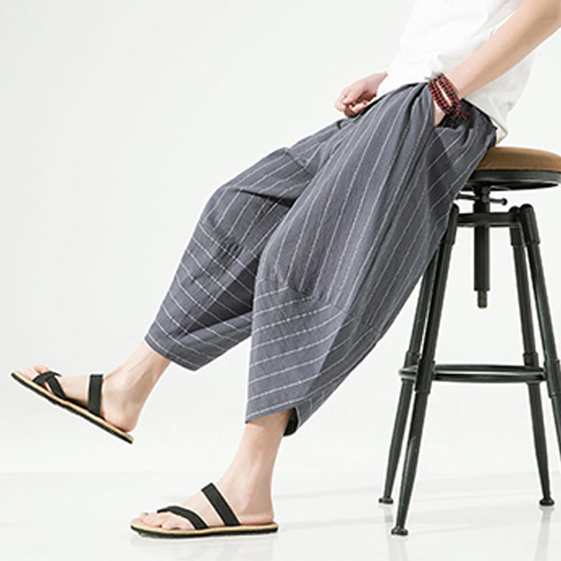 Buddha Stonesカジュアル 無地 ストライプ柄 ドローストリング メンズ 7-8丈 コットンリネン ハーレムパンツ ポケット付き - image 13