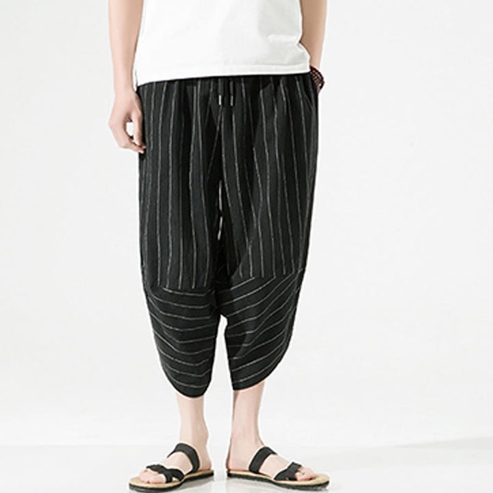 Buddha Stonesカジュアル 無地 ストライプ柄 ドローストリング メンズ 7-8丈 コットンリネン ハーレムパンツ ポケット付き - image 2