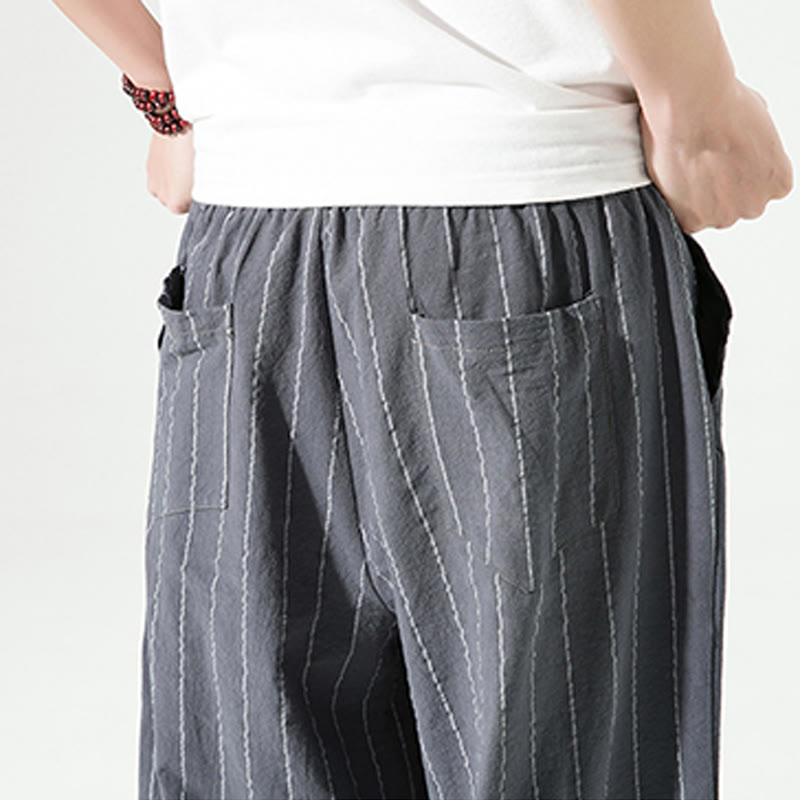Buddha Stonesカジュアル 無地 ストライプ柄 ドローストリング メンズ 7-8丈 コットンリネン ハーレムパンツ ポケット付き - image 16