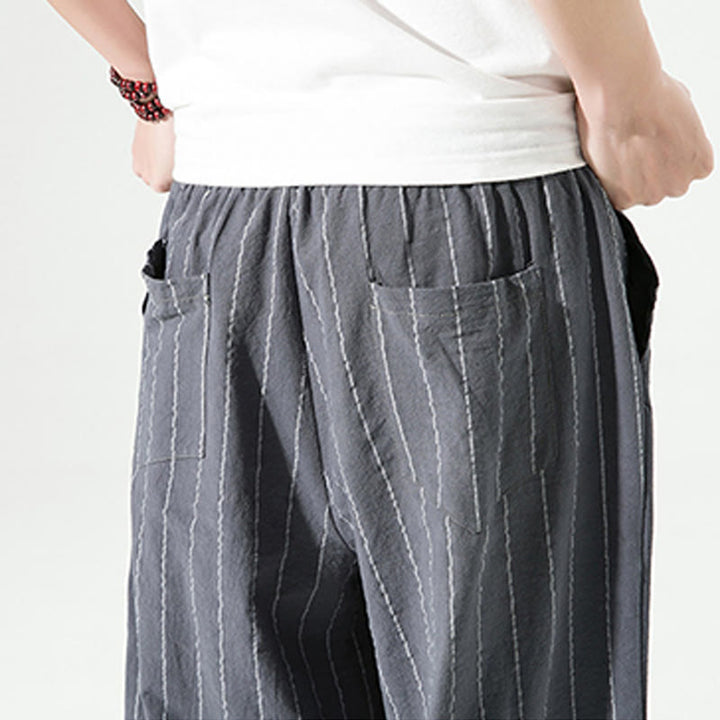 Buddha Stonesカジュアル 無地 ストライプ柄 ドローストリング メンズ 7-8丈 コットンリネン ハーレムパンツ ポケット付き - image 16