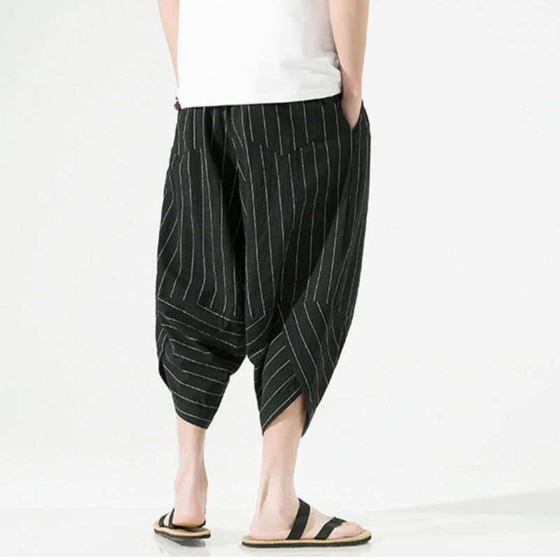 Buddha Stonesカジュアル 無地 ストライプ柄 ドローストリング メンズ 7-8丈 コットンリネン ハーレムパンツ ポケット付き - image 4