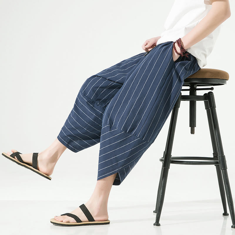 Buddha Stonesカジュアル 無地 ストライプ柄 ドローストリング メンズ 7-8丈 コットンリネン ハーレムパンツ ポケット付き - image 25