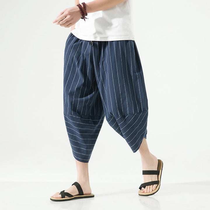 Buddha Stonesカジュアル 無地 ストライプ柄 ドローストリング メンズ 7-8丈 コットンリネン ハーレムパンツ ポケット付き - image 20