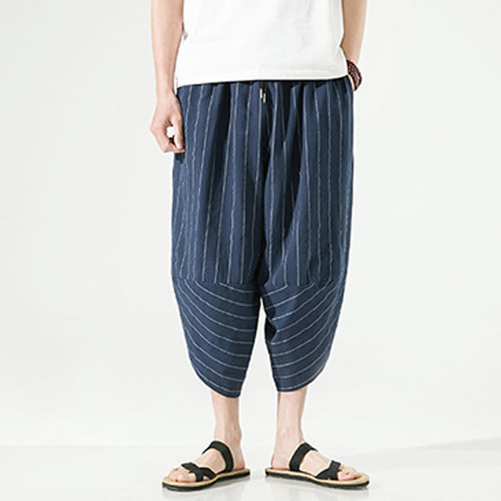 Buddha Stonesカジュアル 無地 ストライプ柄 ドローストリング メンズ 7-8丈 コットンリネン ハーレムパンツ ポケット付き - image 22