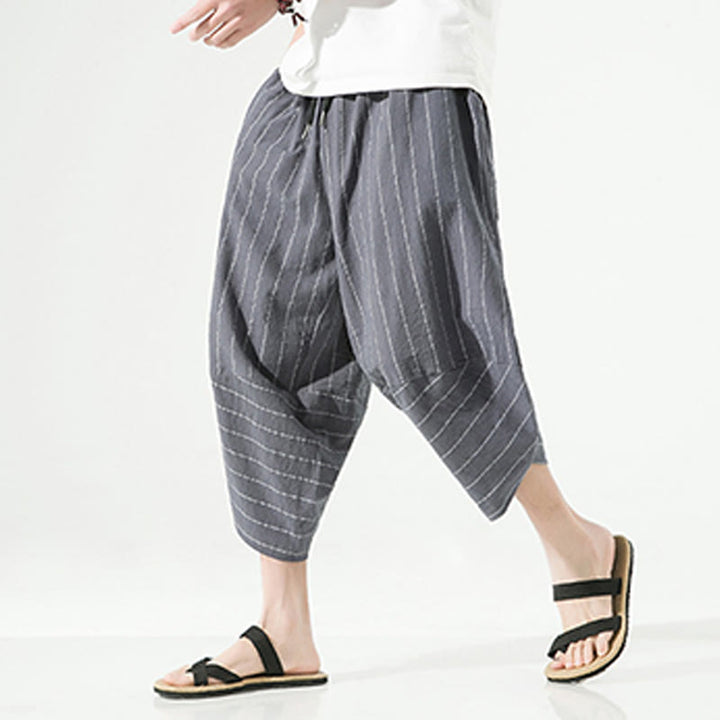 Buddha Stonesカジュアル 無地 ストライプ柄 ドローストリング メンズ 7-8丈 コットンリネン ハーレムパンツ ポケット付き - image 8