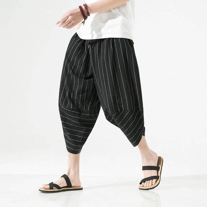 Buddha Stonesカジュアル 無地 ストライプ柄 ドローストリング メンズ 7-8丈 コットンリネン ハーレムパンツ ポケット付き - image 1