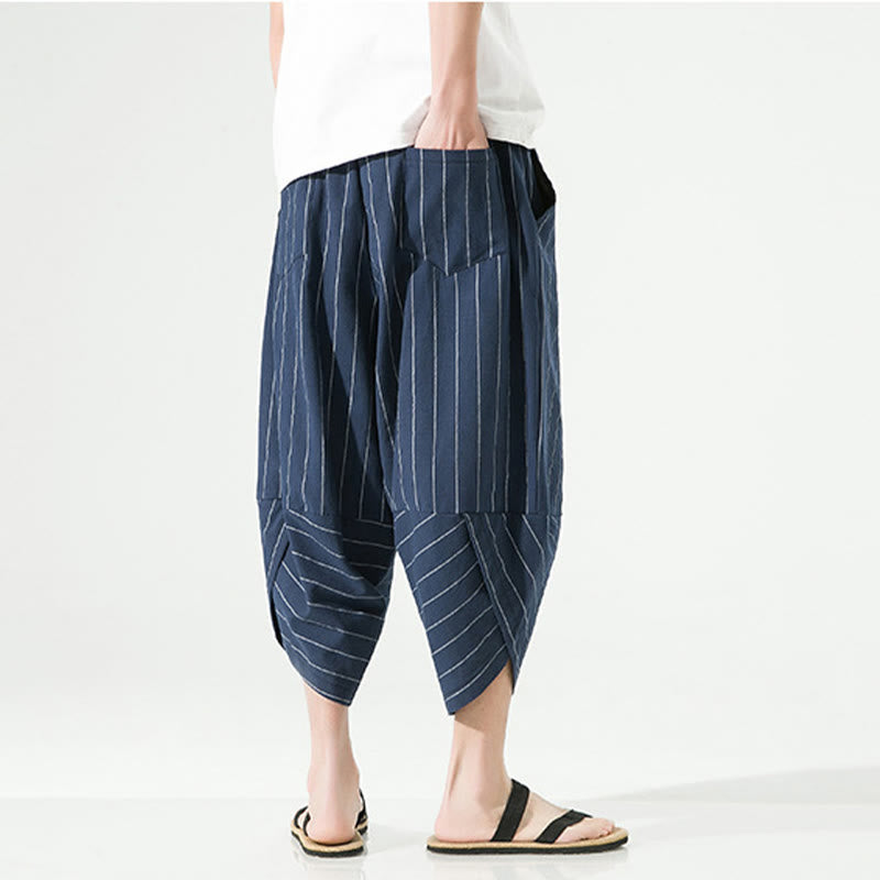 Buddha Stonesカジュアル 無地 ストライプ柄 ドローストリング メンズ 7-8丈 コットンリネン ハーレムパンツ ポケット付き - image 24
