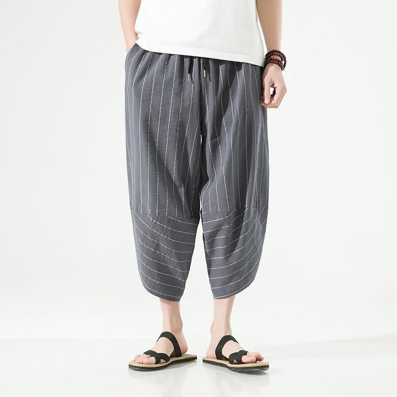 Buddha Stonesカジュアル 無地 ストライプ柄 ドローストリング メンズ 7-8丈 コットンリネン ハーレムパンツ ポケット付き - image 10