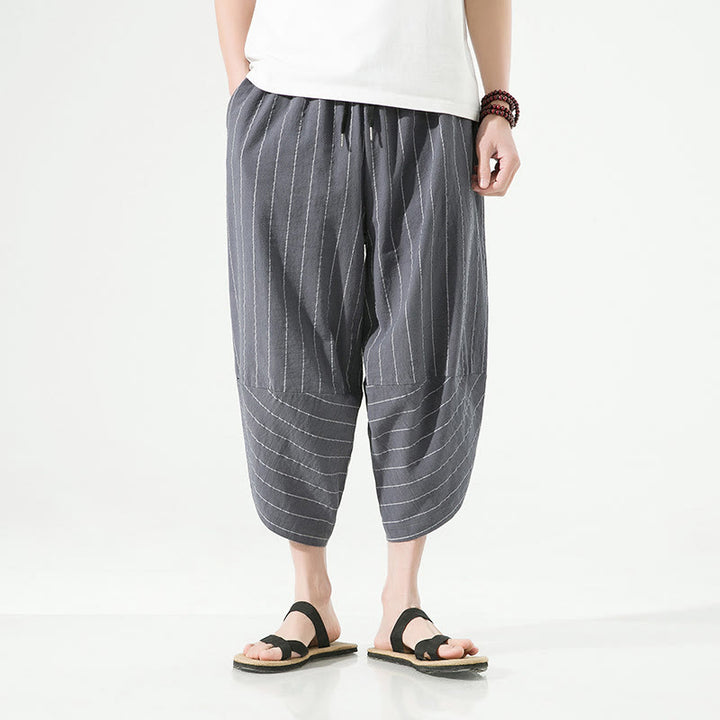 Buddha Stonesカジュアル 無地 ストライプ柄 ドローストリング メンズ 7-8丈 コットンリネン ハーレムパンツ ポケット付き - image 10