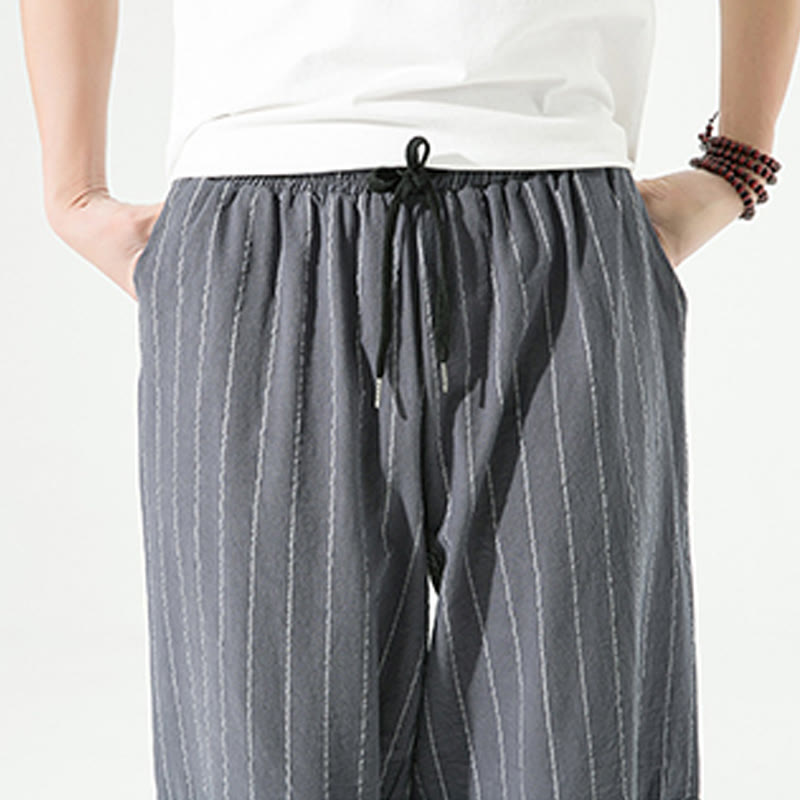 Buddha Stonesカジュアル 無地 ストライプ柄 ドローストリング メンズ 7-8丈 コットンリネン ハーレムパンツ ポケット付き - image 14