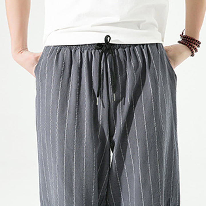 Buddha Stonesカジュアル 無地 ストライプ柄 ドローストリング メンズ 7-8丈 コットンリネン ハーレムパンツ ポケット付き - image 14
