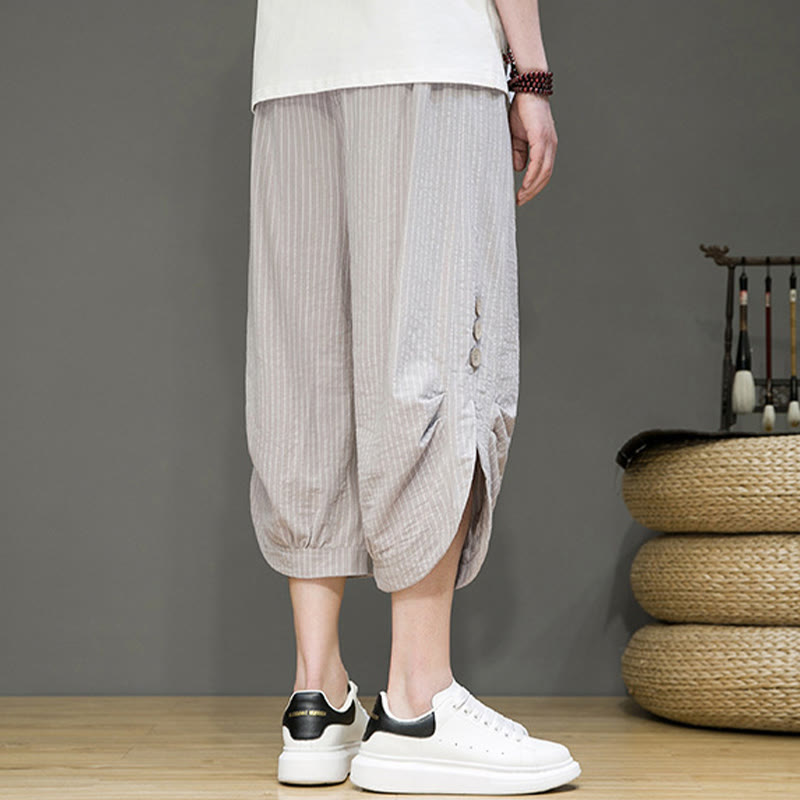 Buddha Stonesカジュアル ホワイト ストライプ柄 ドローストリング ボタンデザイン メンズ コットン クロップド ハーレムパンツ ポケット付き - image 5