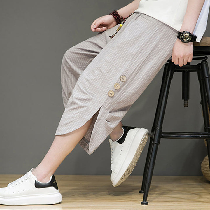 Buddha Stonesカジュアル ホワイト ストライプ柄 ドローストリング ボタンデザイン メンズ コットン クロップド ハーレムパンツ ポケット付き - image 7