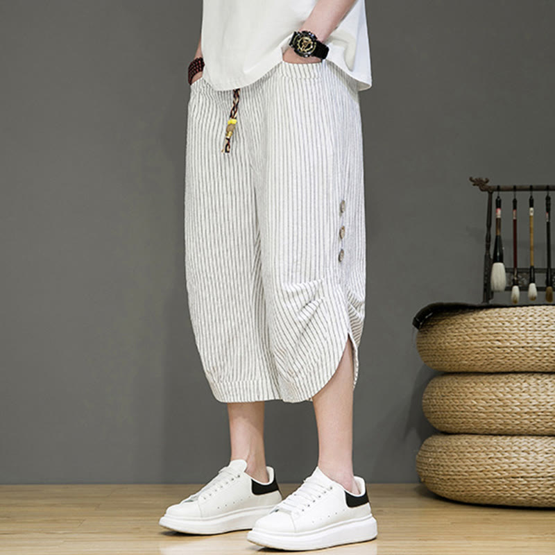 Buddha Stonesカジュアル ホワイト ストライプ柄 ドローストリング ボタンデザイン メンズ コットン クロップド ハーレムパンツ ポケット付き - image 20