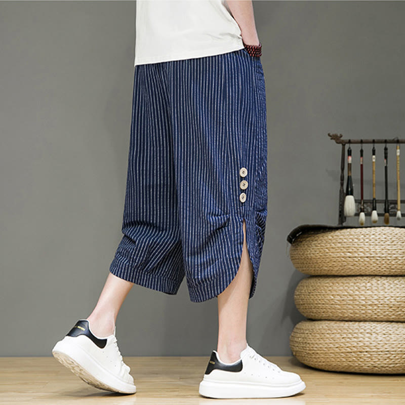 Buddha Stonesカジュアル ホワイト ストライプ柄 ドローストリング ボタンデザイン メンズ コットン クロップド ハーレムパンツ ポケット付き - image 29