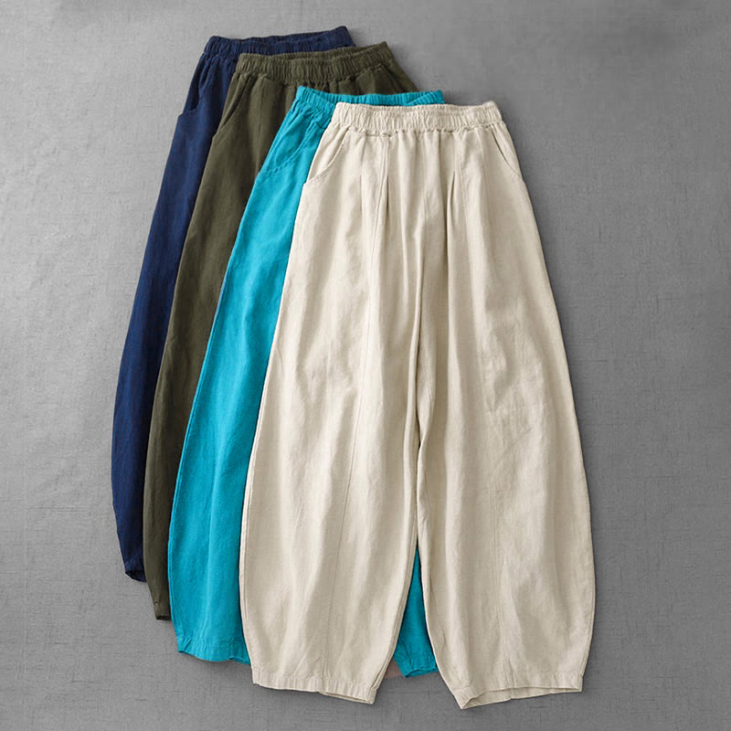 Buddha Stonesカジュアル 無地 7-8丈 レディース コットンリネン ハーレムパンツ ポケット付き