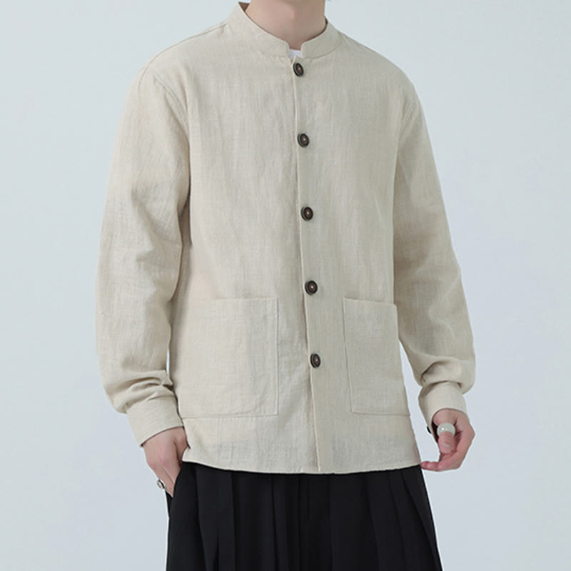 Buddha Stonesメンズ ボタン付きラミーリネンコットンフリース裏地ジャケットシャツ ポケット付き - image 11