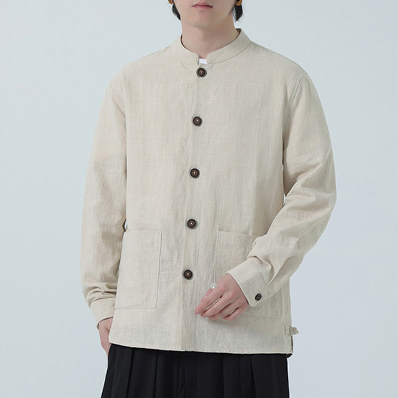 Buddha Stonesメンズ ボタン付きラミーリネンコットンフリース裏地ジャケットシャツ ポケット付き - image 2